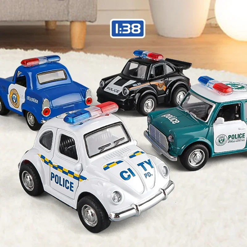 Police Car Model with Sound Light Toy 1/38 Cartoon Design Alloy Vehicle for Kid Boy Birthday Gift Miniature Voiture Home Decor