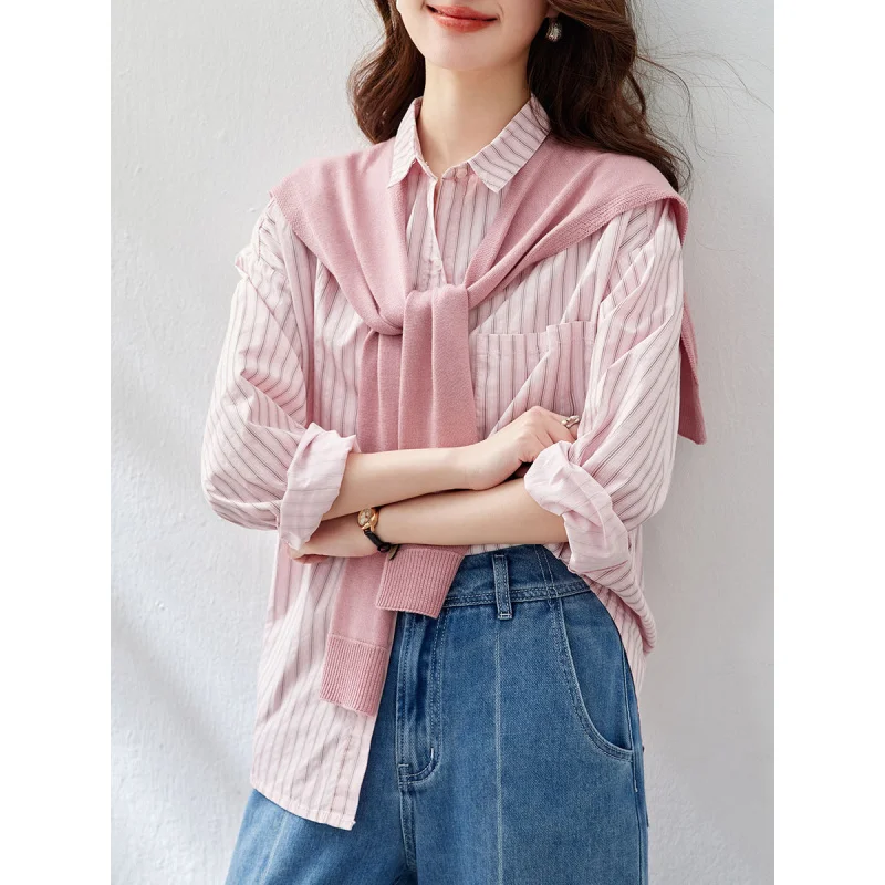 

Cotton Cocoon Knitted Shawl Striped Shirt Women's Long Sleeve2025Spring New Western Style Top Pink Lapel Shirt