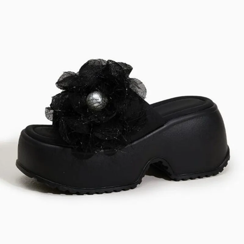 

Новые женские шлепанцы на высоком каблуке 8 см, летние уличные сандалии с бантом-бабочкой и цветочным декором, удобные пляжные шлепанцы на толстой резиновой подошве