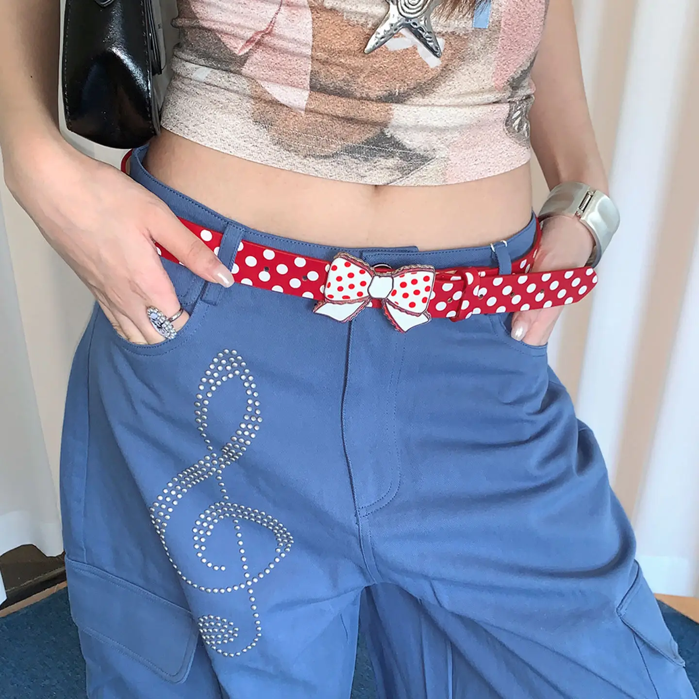 Sweet Cool Style Y2K Bow Wave Point Belt for Women, Dopamine Sweet Metal Buckle Belt with Jeans