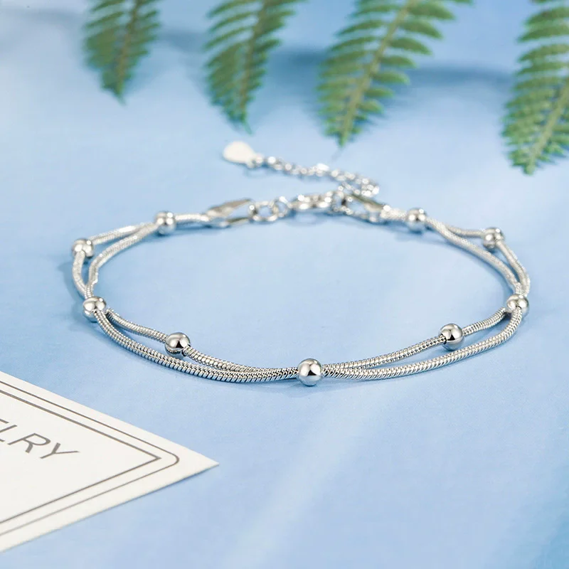 925 Sterling Silver Elegant Double Layer Bead Bracelets for Women Fashion Simple String Style Multilayer Hand Chain Jewelry Gift