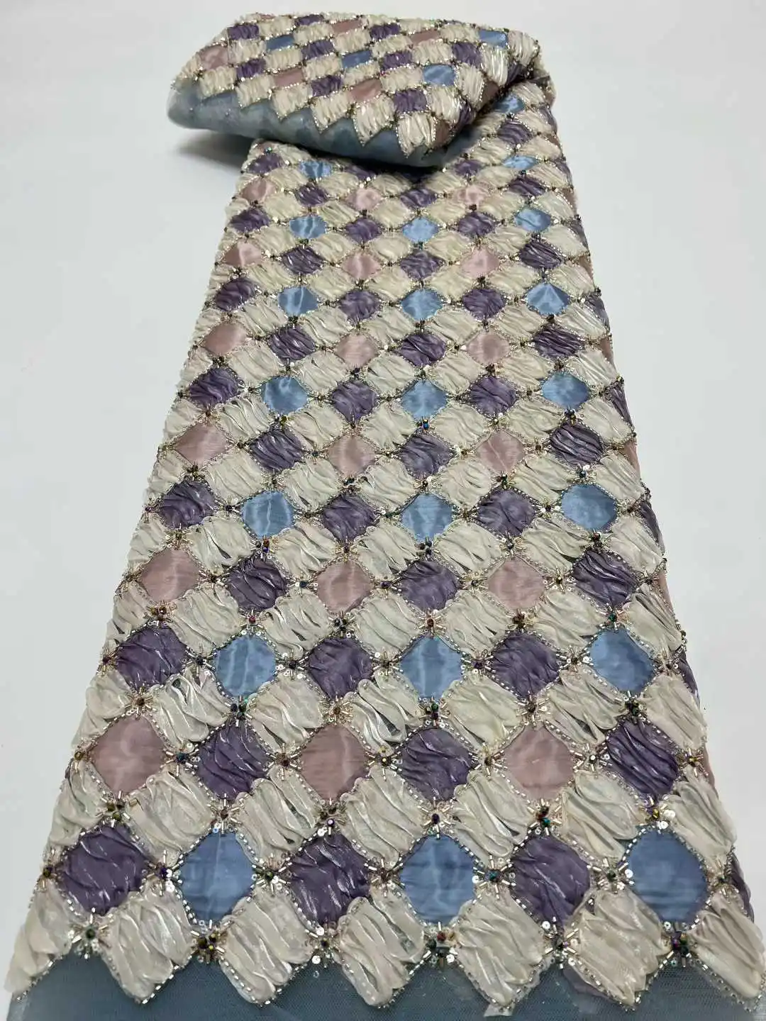 

African Net Lace With Sequins African Lace Fabric High Quality 5 Yards Nigerian French Beads Heavy Lace Fabric For Wedding