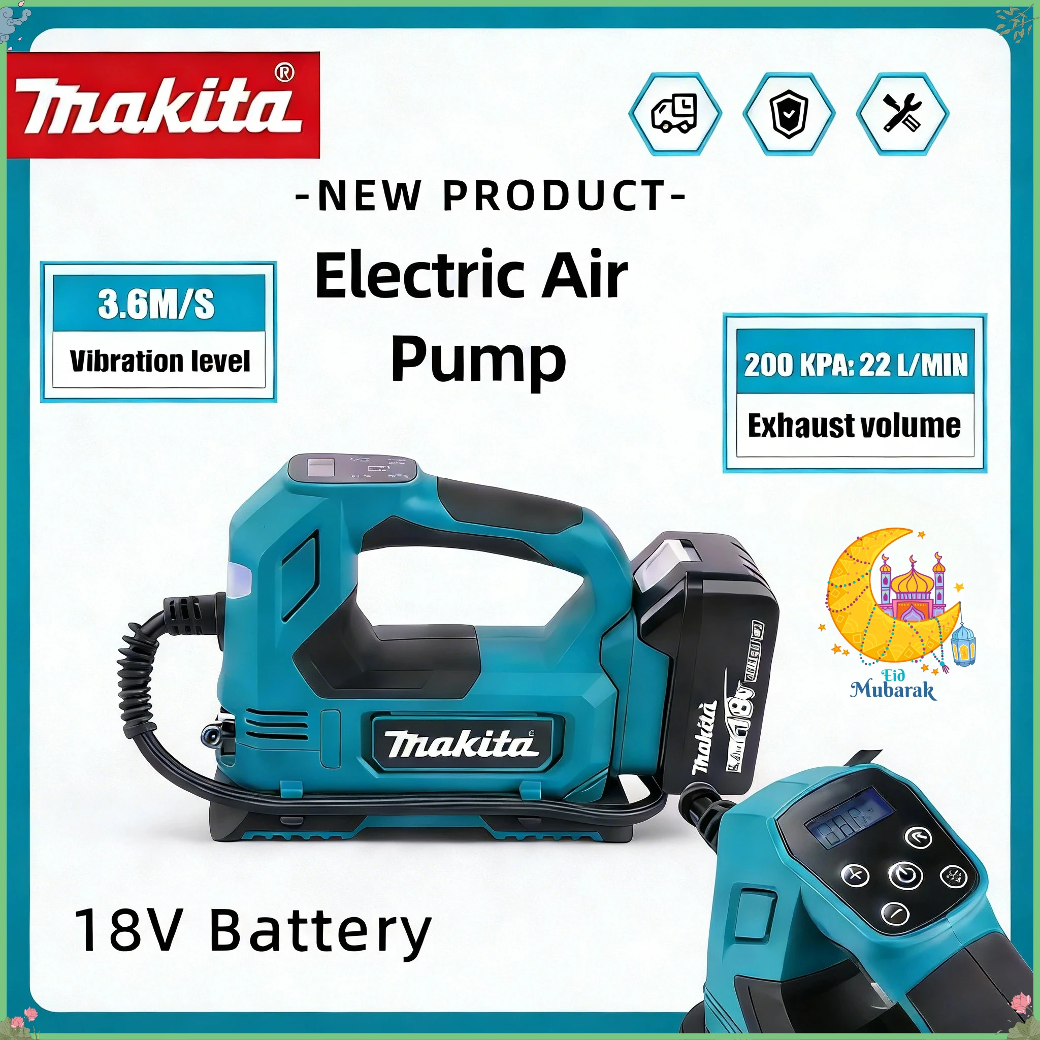 

Беспроводной воздушный насос Makita с бесщеточным двигателем: портативный насос для шин с цифровым дисплеем для автомобилей и мотоциклов, 18В.