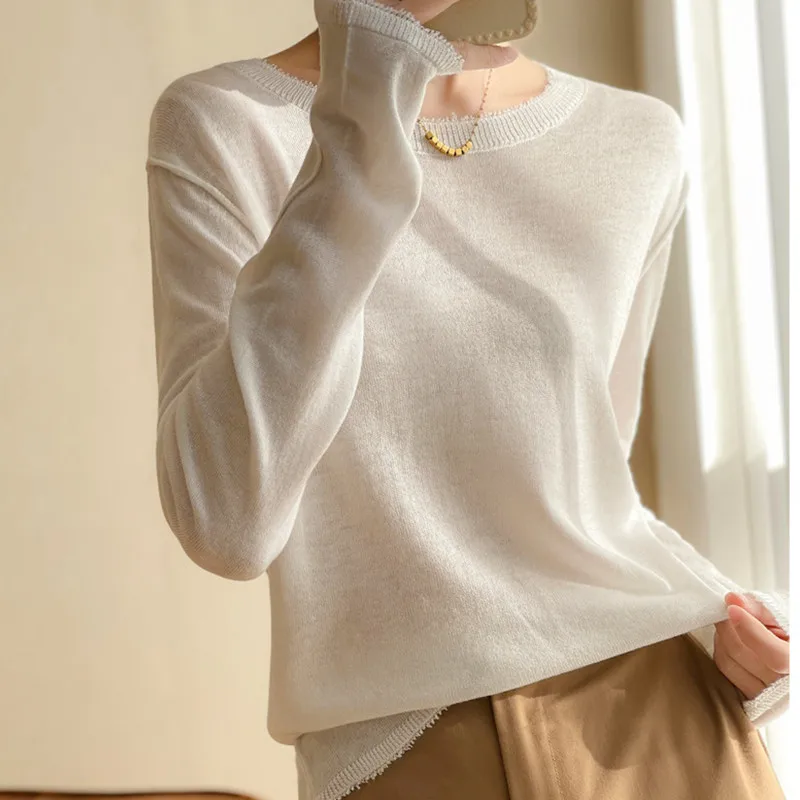 Hot Sale Spring/Summer Single Yarn Worsted Wool Fashion Loose Knit Top Lightweight Comfortable Soft Waxy Sweater Long Sleeve