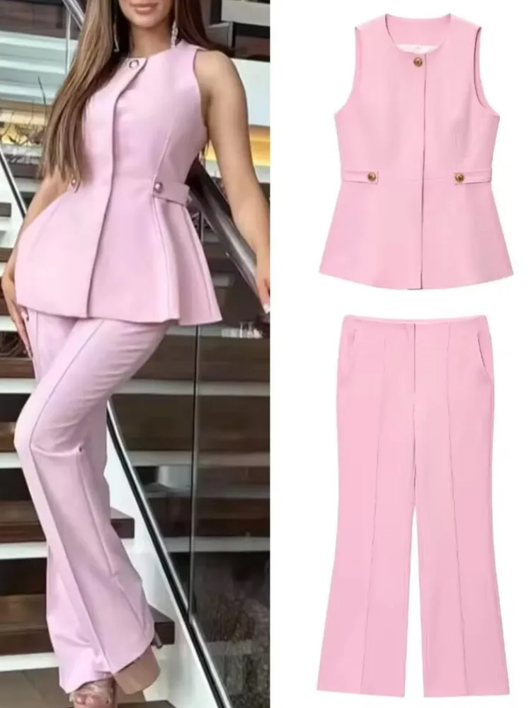 

Elegant Vest Tops Women Fashion Casual Sleeveless O-neck Slim Single Button Tops Office Lady 2025 New Summer Pink Slim Tank Top