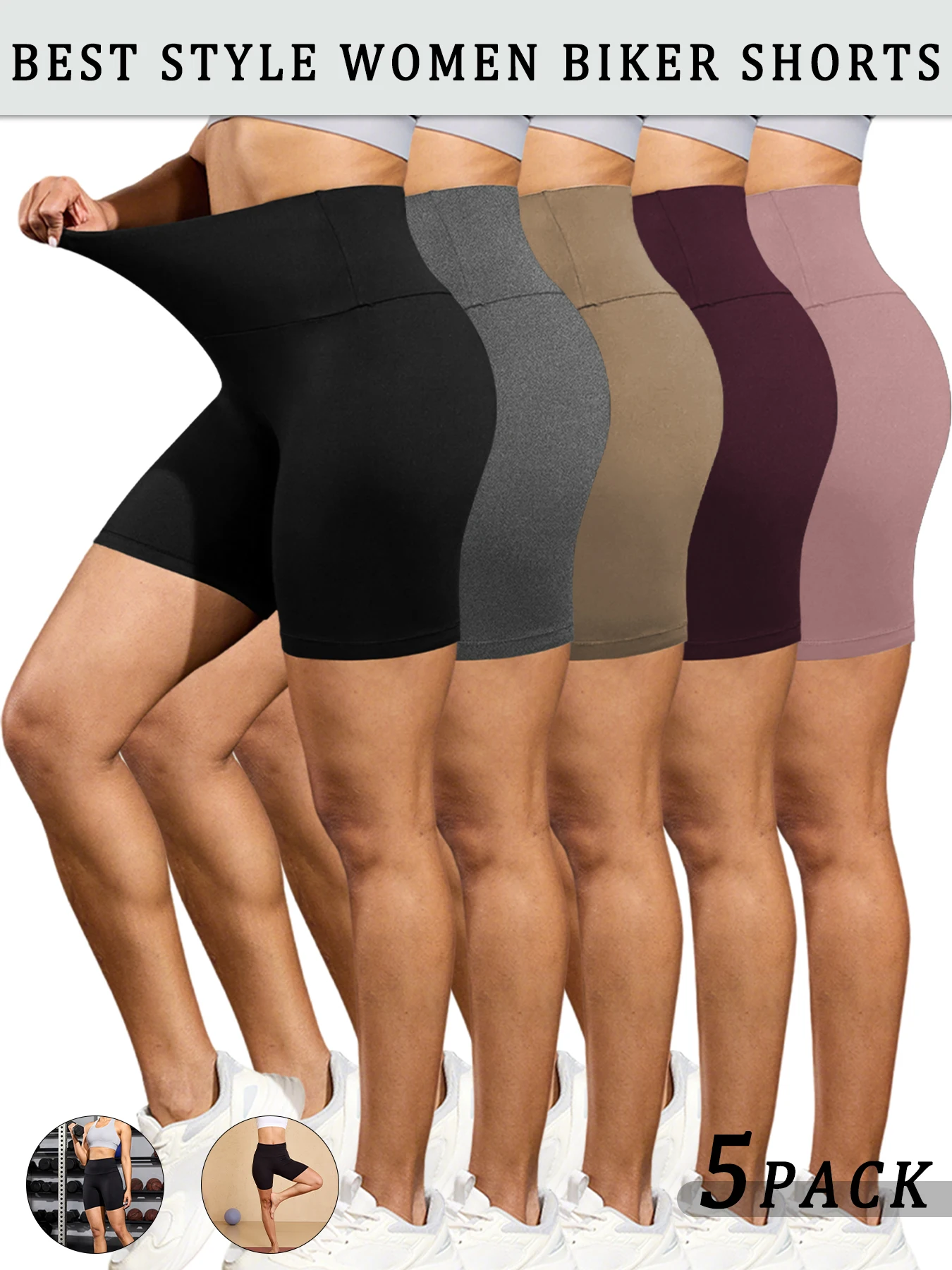

5 Pack Women's High Waisted Biker Shorts Super Soft Tummy Control No See Through Workout Yoga Running Athletic Gym Fitness