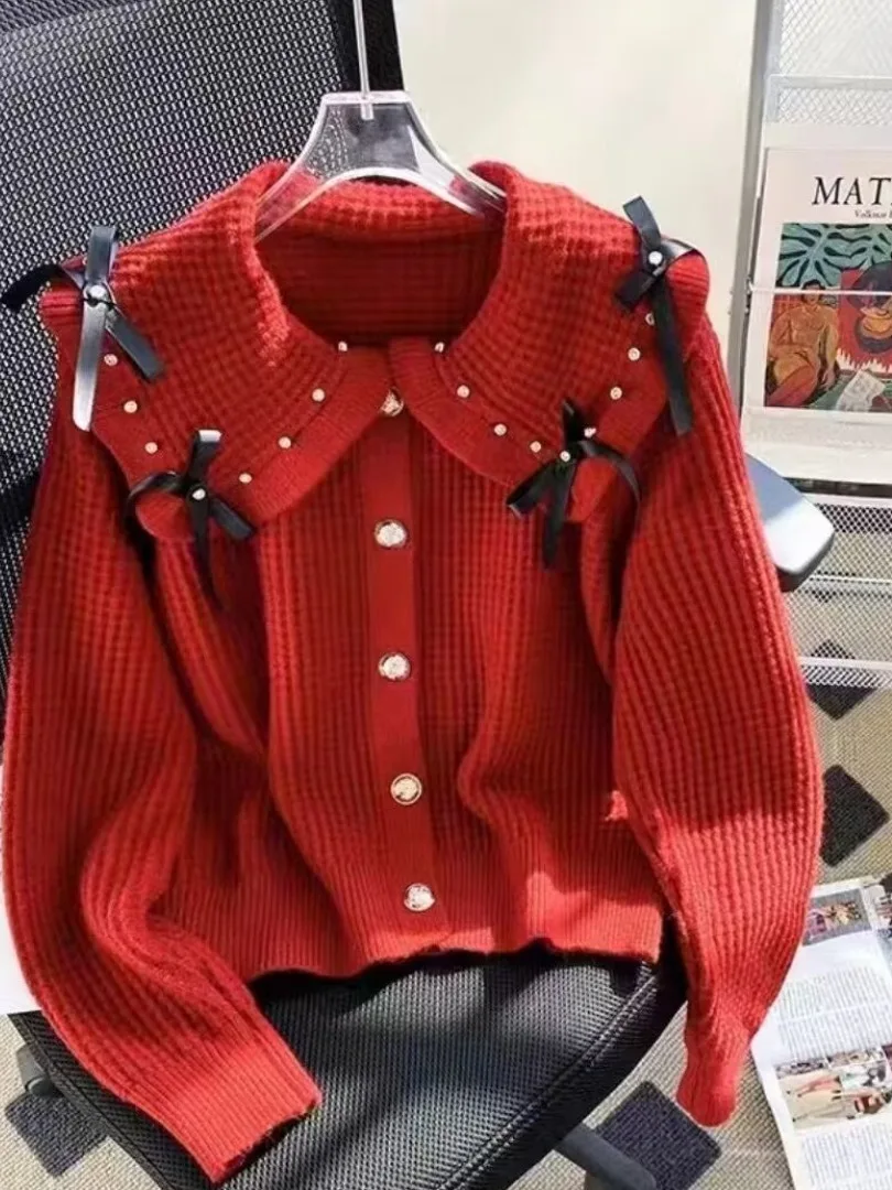 

Heavyweight Knot Sweater Jaet Doll Collar Large Size Design Knitted Women's Casual Loose Fit Winter Long Sve