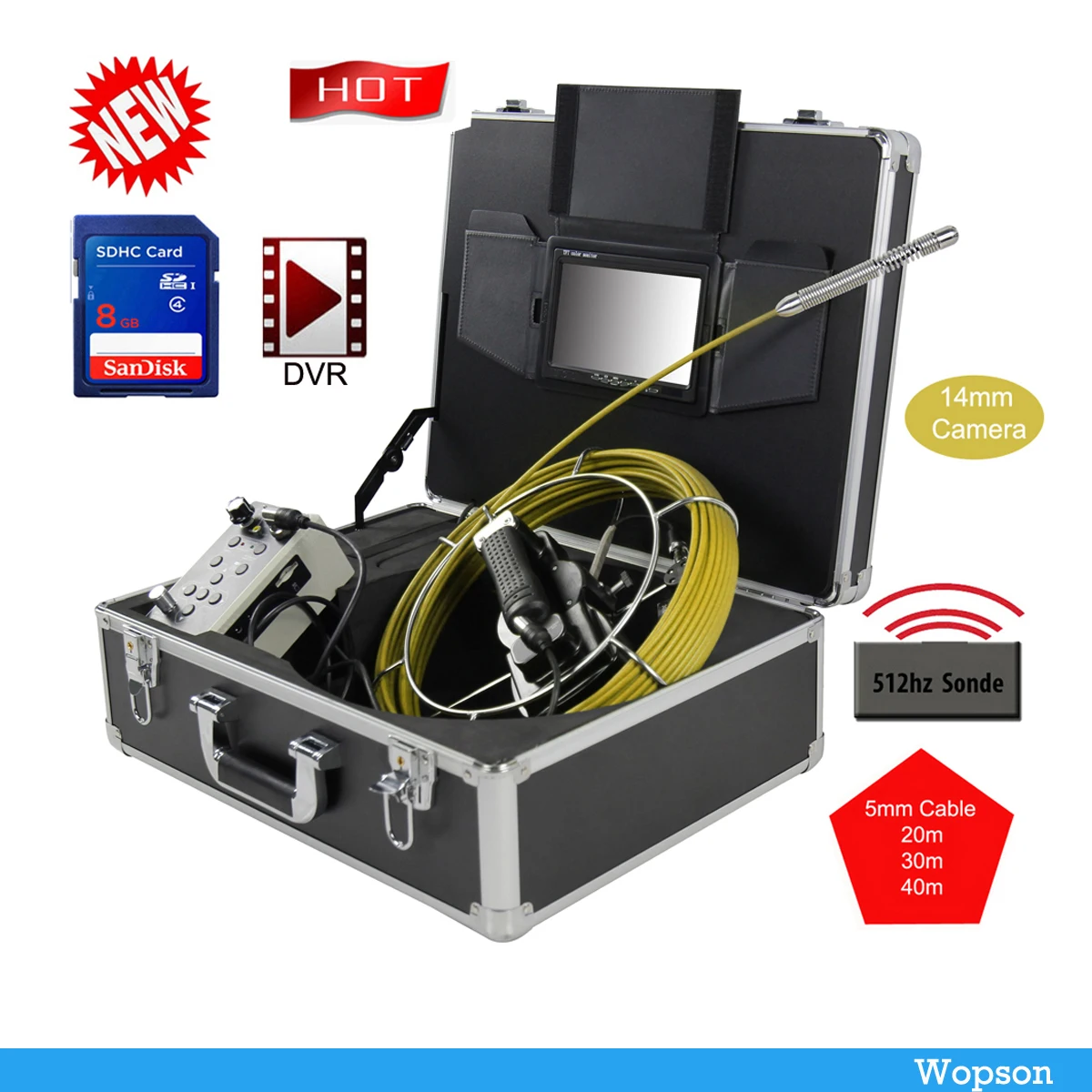 

14mm 512Hz video endoscope pipe inspection camera pipeline drain sewer industrial borescope with 40meter hard cable 7'LCD