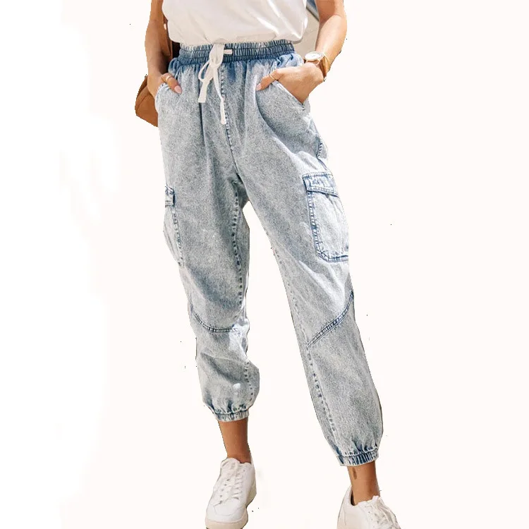 Women Jeans Bleached Lace-up Jeans Pants Ankle Length Elastic High Waist Fashion Sexy Summer Denim Pants