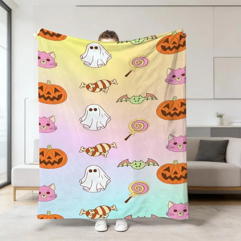 Halloween-Orange-Deckenbezug mit Cartoon-Geister- und Totenkopf-Druck, Flanell-Schlafdecke, Sofabezüge, Multifunktionale Dekorative Decken – Detail 8