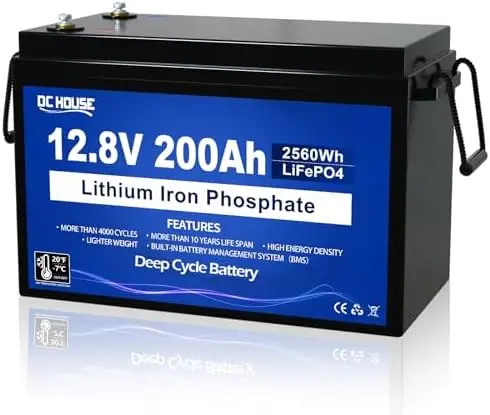 

12V 200Ah Lithium LiFePO4 Deep Cycle Battery, Low Temp Cut Off, with 2560Wh Energy Max. Built-in 200A BMS for RV, Solar, Home En