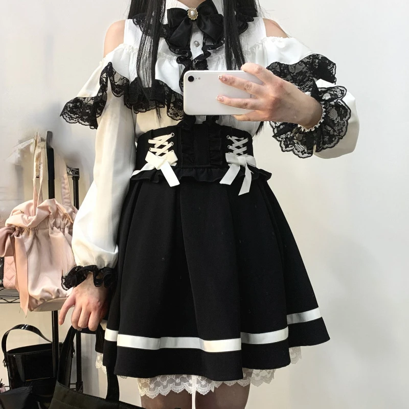 Camicia patchwork in pizzo giapponese Kawaii donna Y2k estetica scava fuori camicetta Harajuku Bow Ladies Top 2024 Lolita Blusas Femme