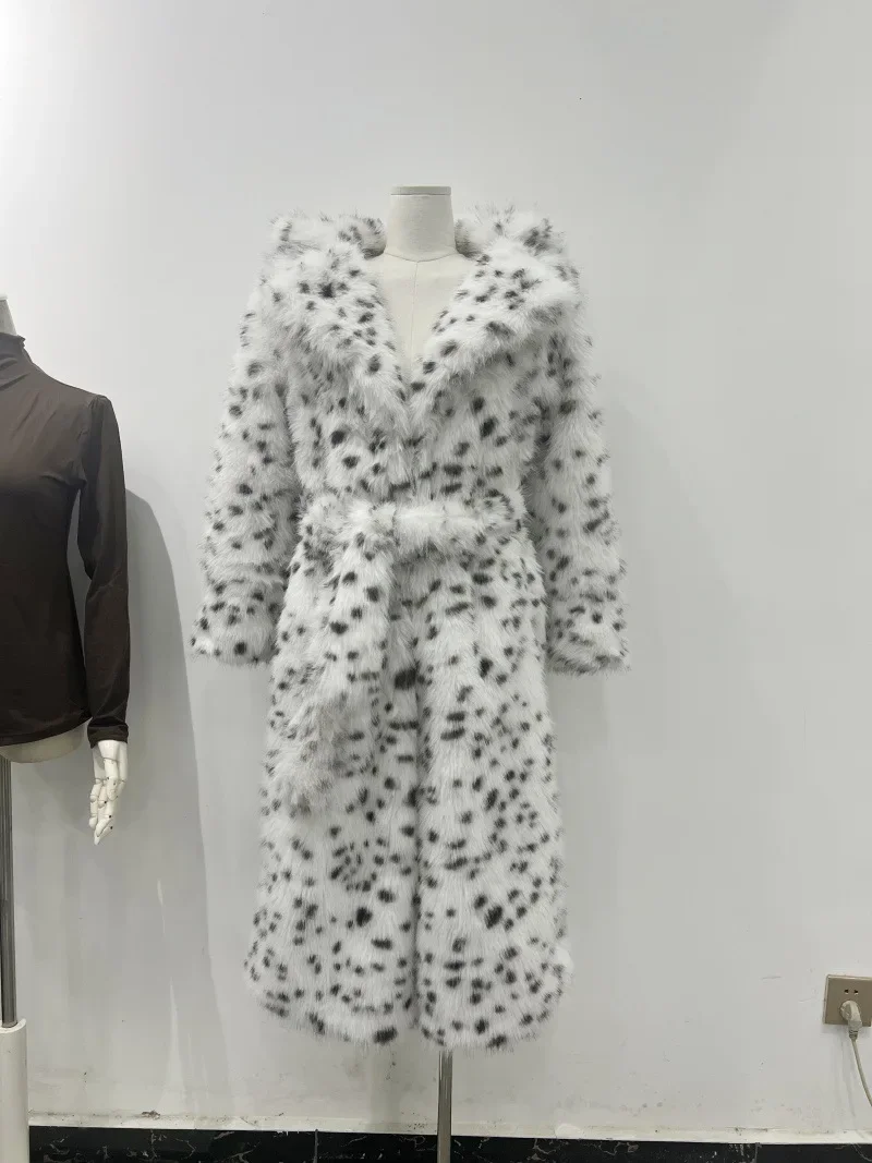 Otoño Invierno 2025 chaquetas de piel sintética para mujer abrigo largo estampado solapa elegante cárdigan con cordones chaqueta gruesa chaqueta holgada y cálida