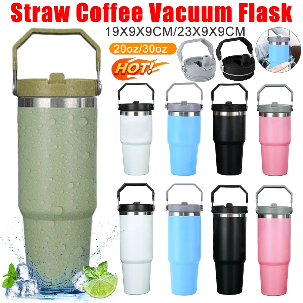 20/30oz Straw Vacuum Flask With Lid Replacement Double-Layer Thermal Cup With Handle Stainless Steel Outdoor Travel Sport Bottle