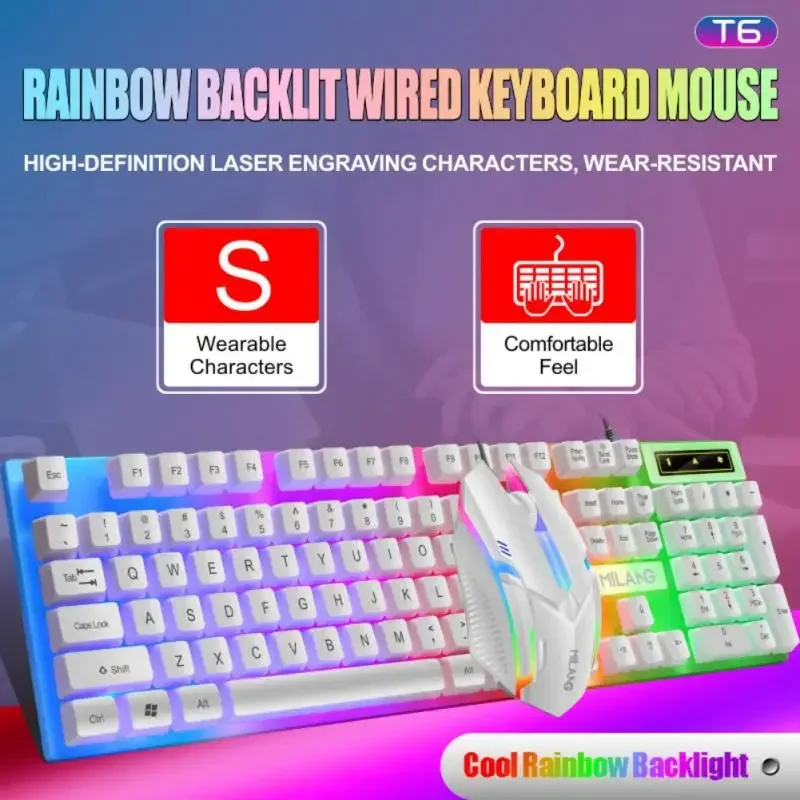 RYRA PT6  Wireless Mechanical USB Wired Keyboard Mouse Set With Rainbow LED Backlight Gaming Keyboard Gaming Mouse For Laptop PC