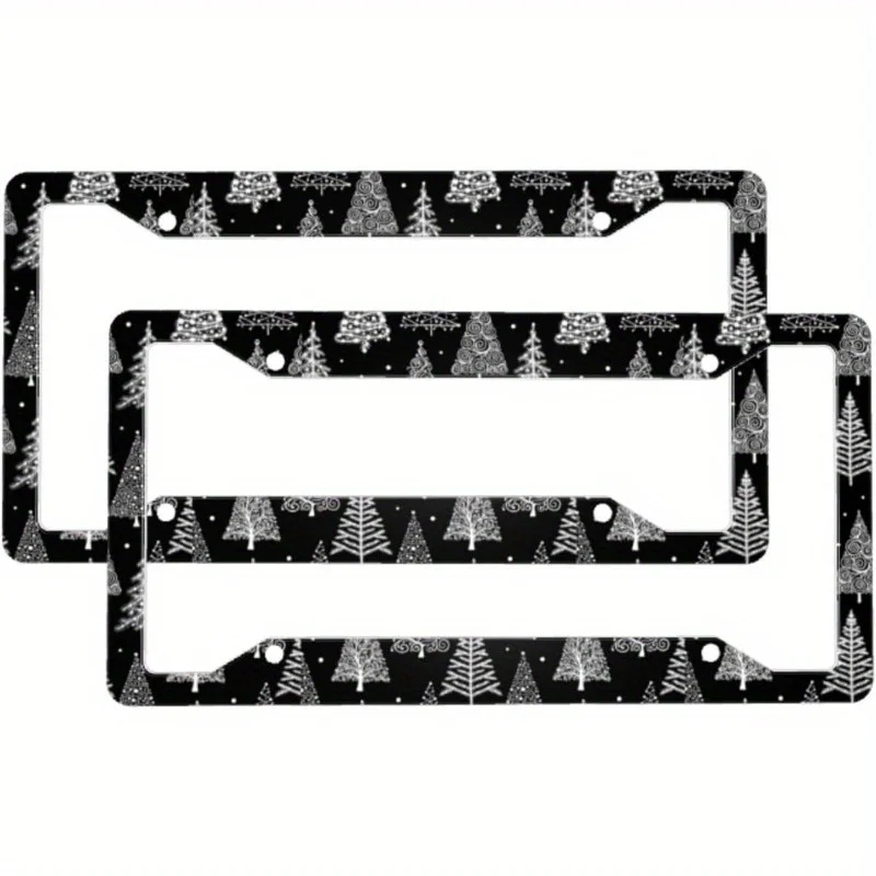 2D Flat Black and White Christmas Tree License Plate Frames 2pcs Car Licence Plate Covers Automotive Exterior Accessories