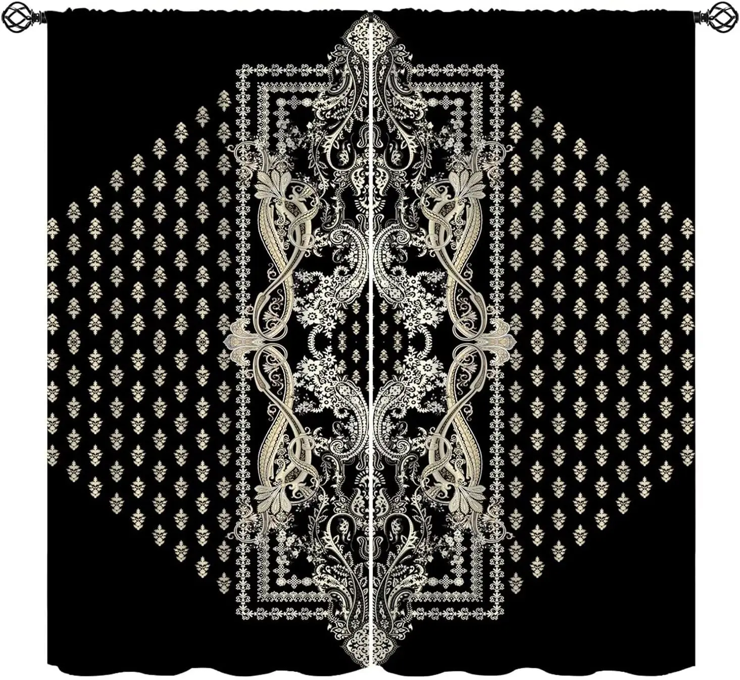 Luxury Damask Window Curtain Golden Paisley Symmetric Floral Pattern Black Base Rod Pocket Panels Noble Villa Bedroom Home Decor