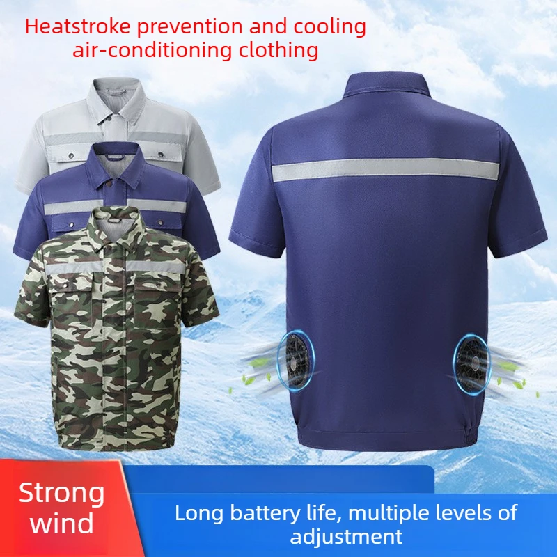 Summer Short Sleeve Cooling Fan Workwear Reflective Stripe Air Conditioned Safety Uniform For Outdoor Construction