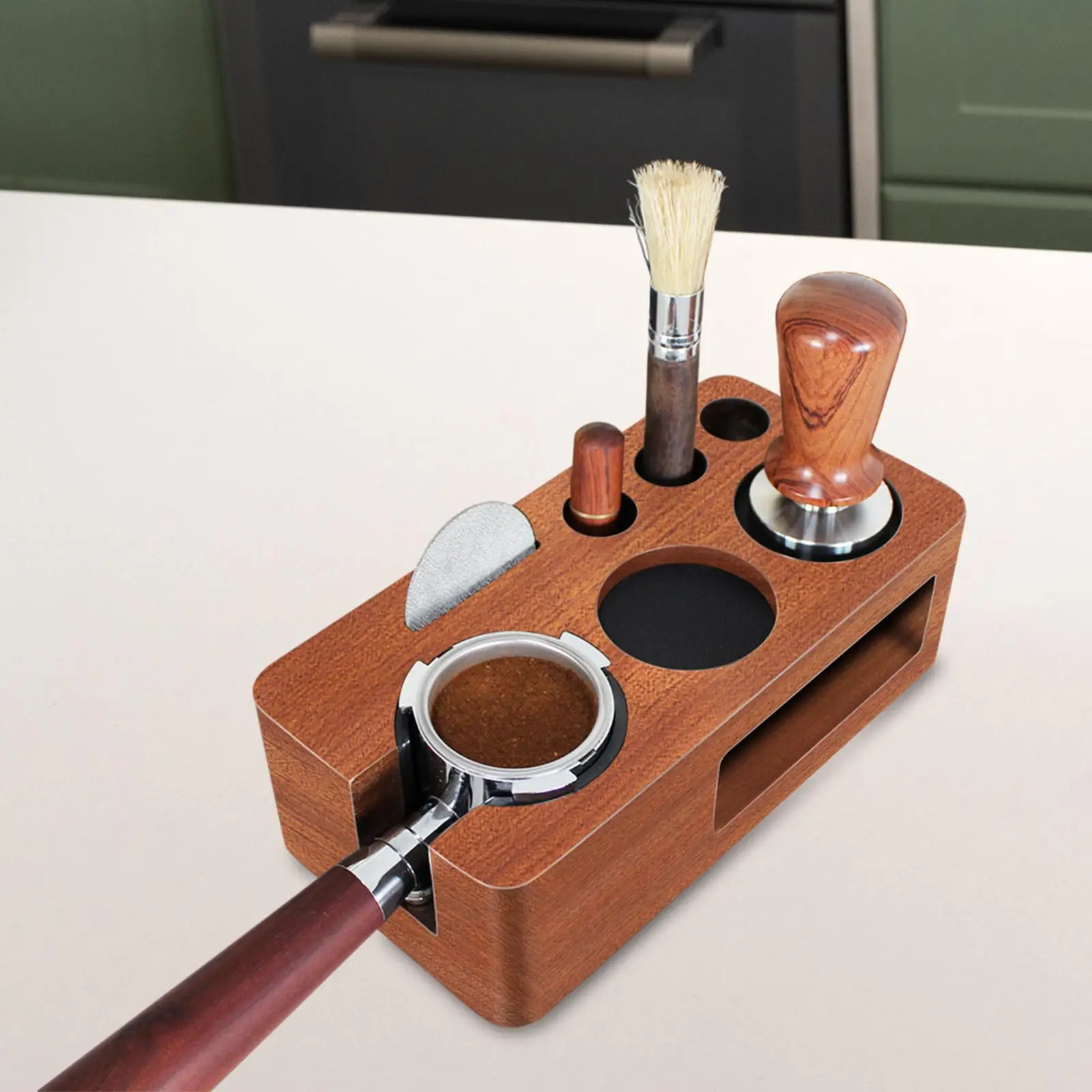 Dark Brown Espresso Tamping Station Wooden Coffee Tamper Stand with Multi Hole Design for Universal Fit