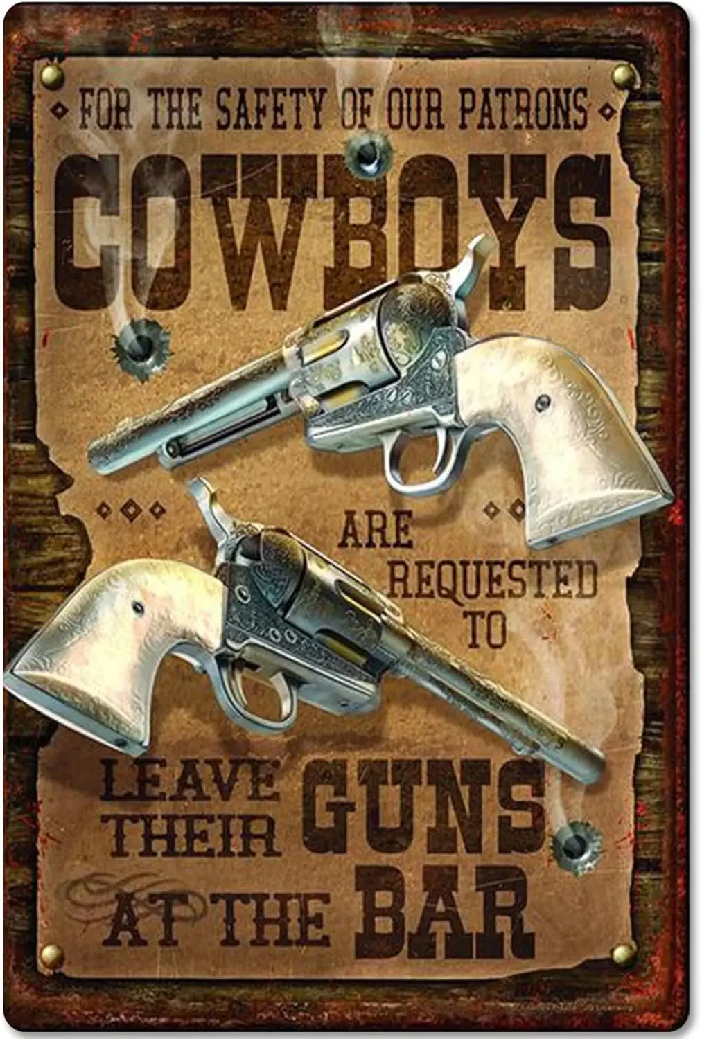 Cowboy Metl Tn Sgn Frerms Poster Leve Ther Guns t The Br ron Pntng Br Cfe Club Frm Western Wll Plque Decorton 12x18 nches