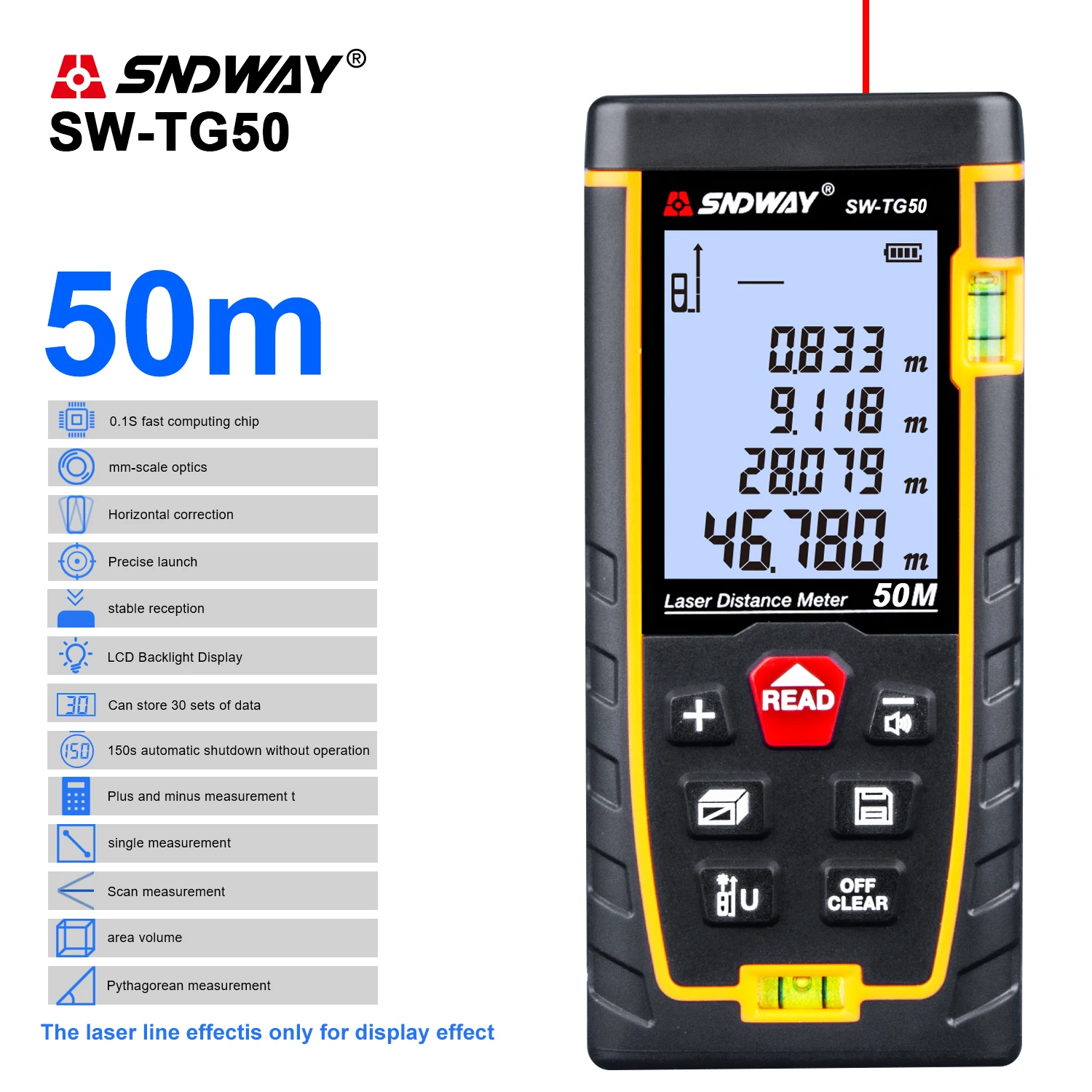 SNDWAY Laser Distance Meter Double Bubble Rangefinder Measure Tape Laser Diastimeter 50M Laser Range Finder