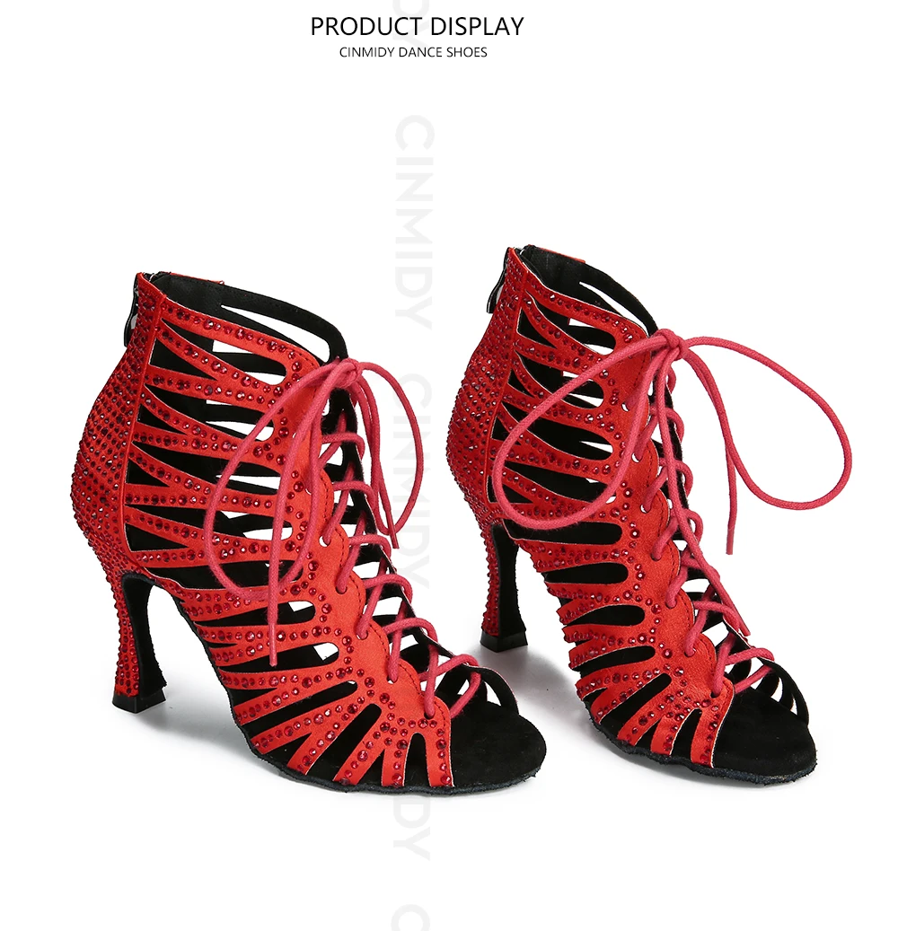 CINMIDY Schwarze Tanzschuhe für Damen Tango Salsa Latein Tanzschuhe Kubanischer Absatz Ballsaal Tanzstiefel Rote Partyschuhe zum Tanzen – Detail 13