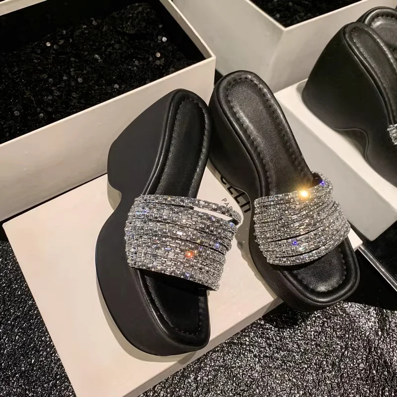 

Лето 2021, женские модные уличные тапочки с круглым носком, толстая подошва, украшенные стразами, элегантные женские повседневные сандалии