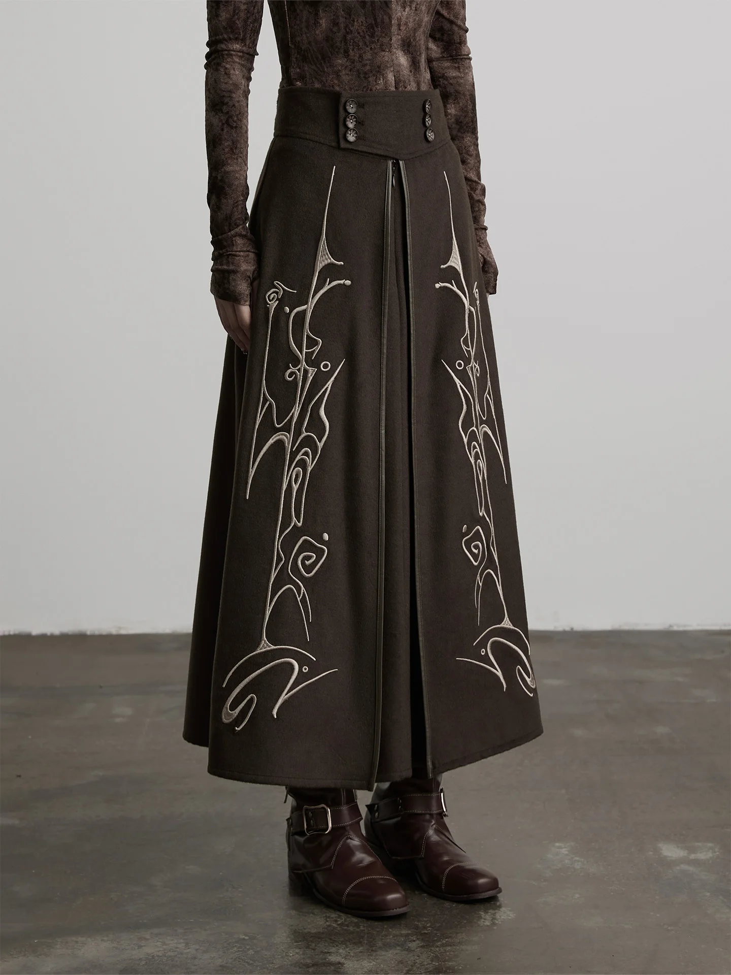 Elegant Wool Blend Midi Skirt with Button Embroidery A-Line Silhouette for Women Casual Wear mid Waist Polyester Fiber