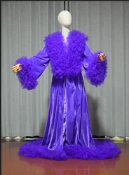 Velvet long sleeved jacket  Fluffy ruffled tulle edge V-neck long jacket, wedding party, Christmas gift, cloak custom