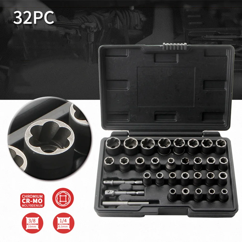 

32Pcs Bolt Extractor Kit with 1/4 and 3/8 Adapters for Stripped Fasteners Essential for Home Repairs and Automotive Work