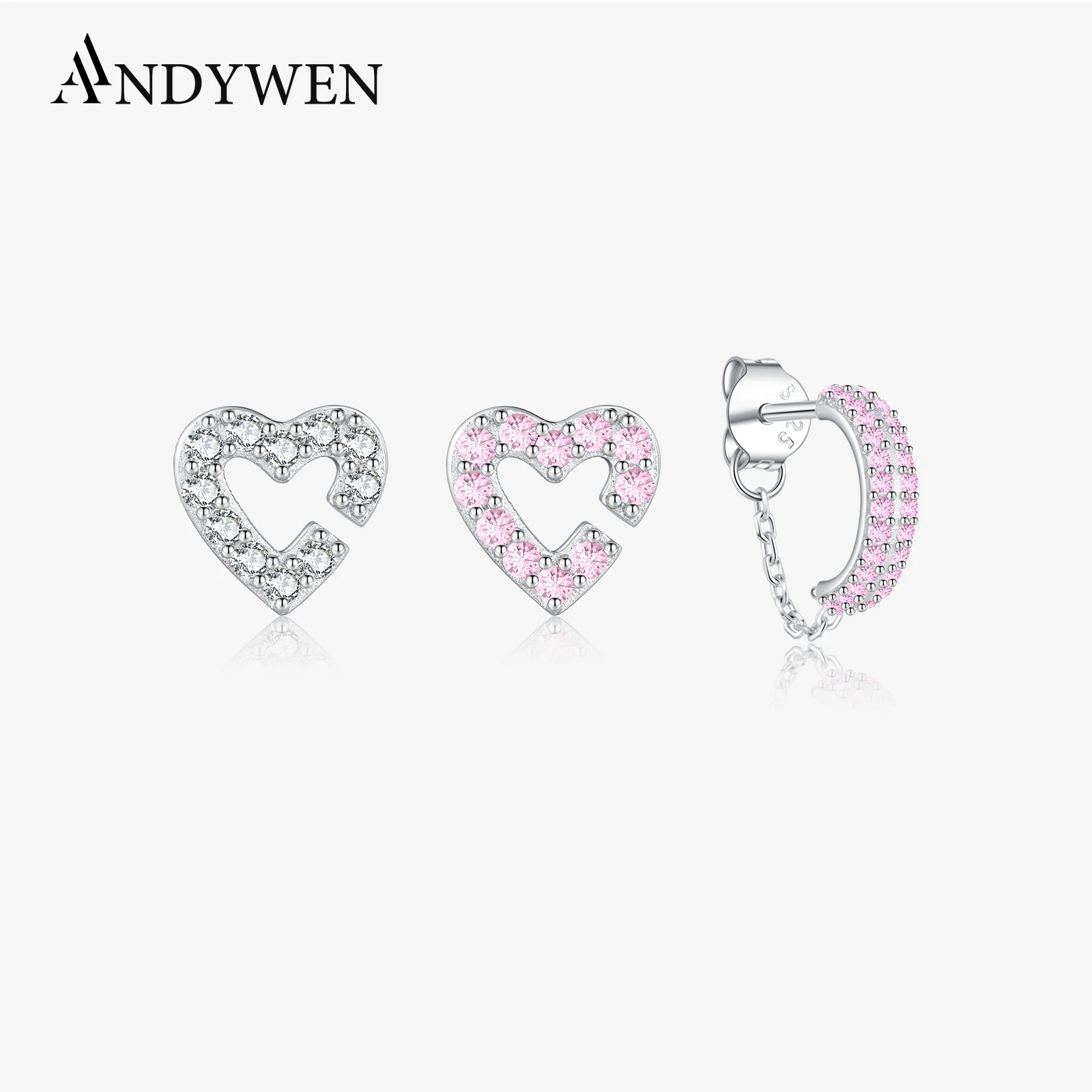

ANDYWEN Women 925 Sterling Silver Valentine Heart Stud Earrings Set Clear & Pink CZ 2025 New Sweet Engagement Fine Jewelry Gift