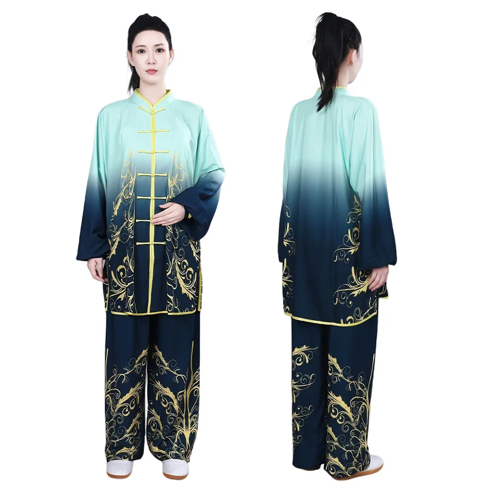 CLYFAN Chinese Gradient Pearl Stretch Cotton Tai Chi Suit Embroidery Unisex Wushu Competition Martial Arts Performance Costume
