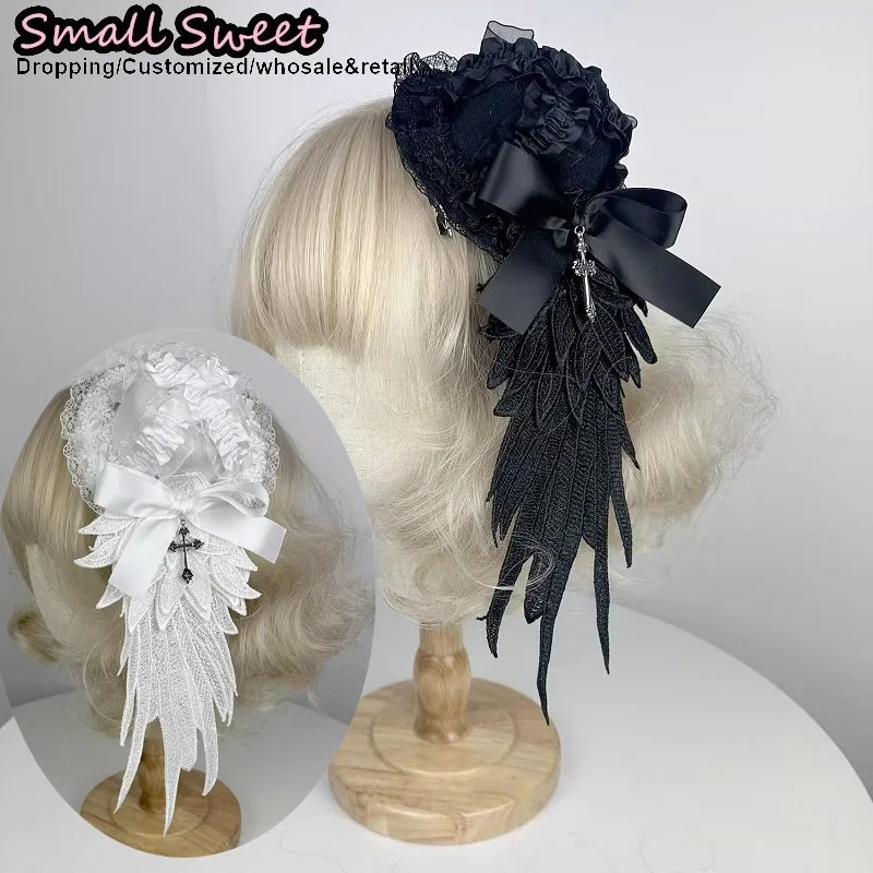 

Women Subculture Handmade Wings Cross Gothic Lolita Black White Feather Veil Small Hat Accessories Lolita Hair Accessories Clips