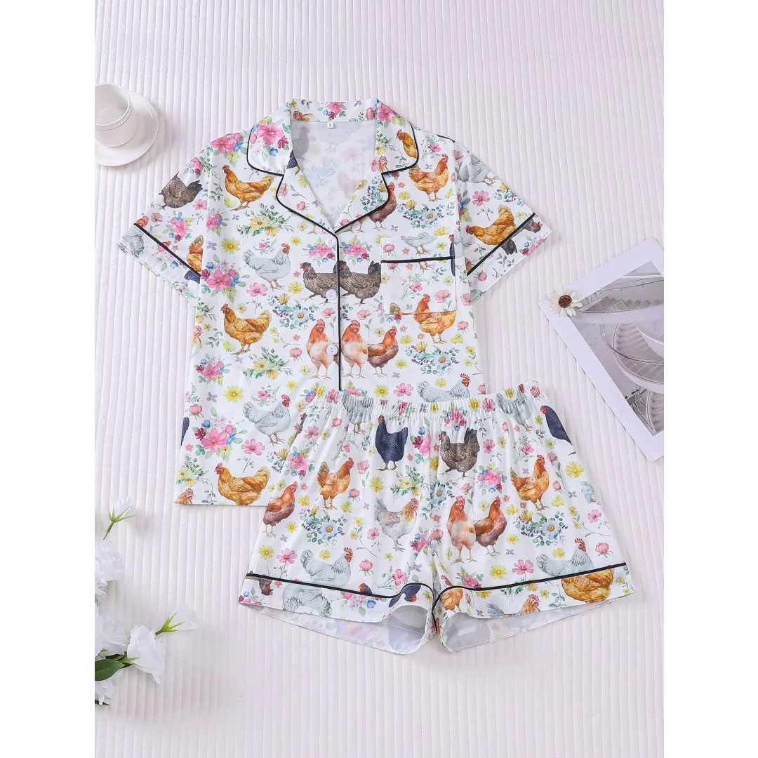 

Cute Hen Print Pajamas for Women Funny Animals Home Wear Set Lapel Short-sleeved Shirts and Short Pants Valentine's Day Gifts