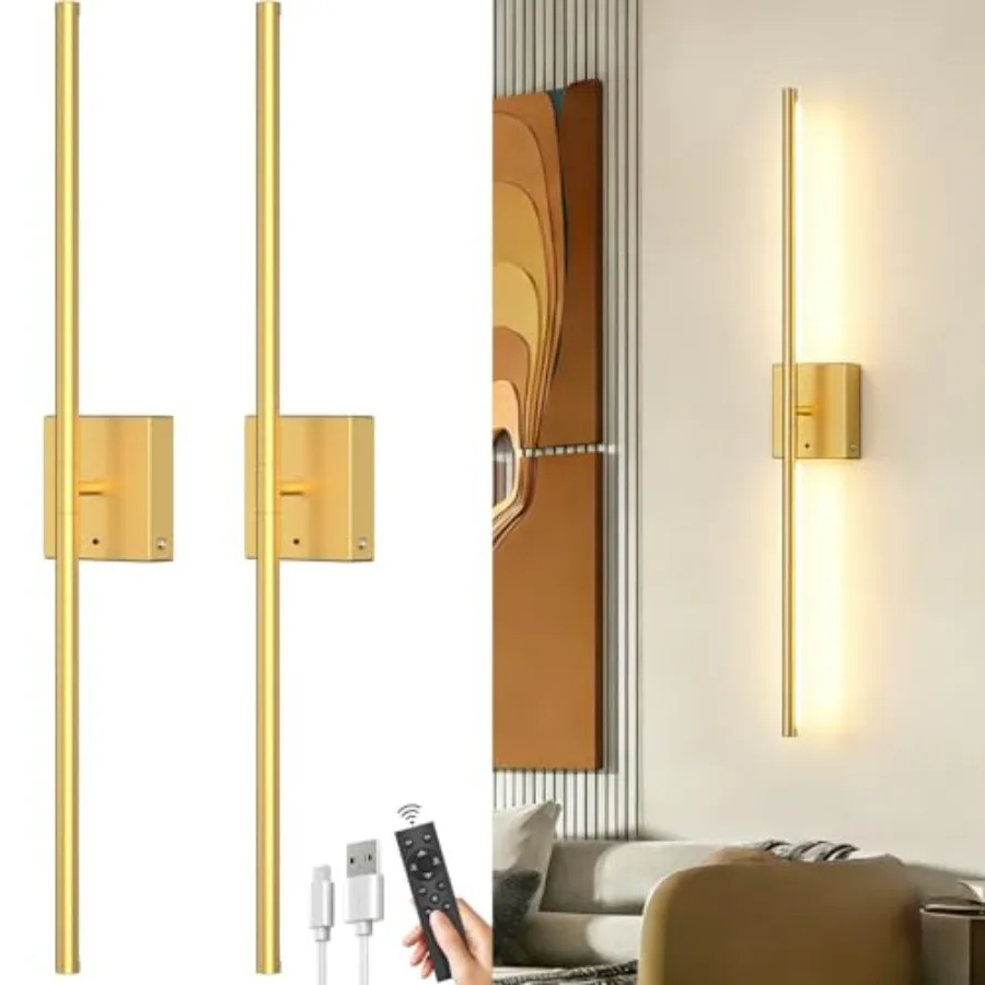 Battery Powered Wall Sconce Set of Two: Wireless Rechargeable Wall Lights with Touch and Remote Control, 360°Rotatable 4CCT Dim