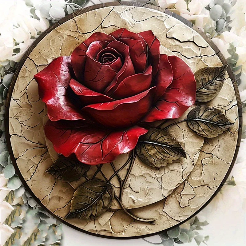 Round Aluminum Metal Sign, Exquisite Rose Pattern, Wall Art for Home and Office Decoration, Durable, Water-Resistant