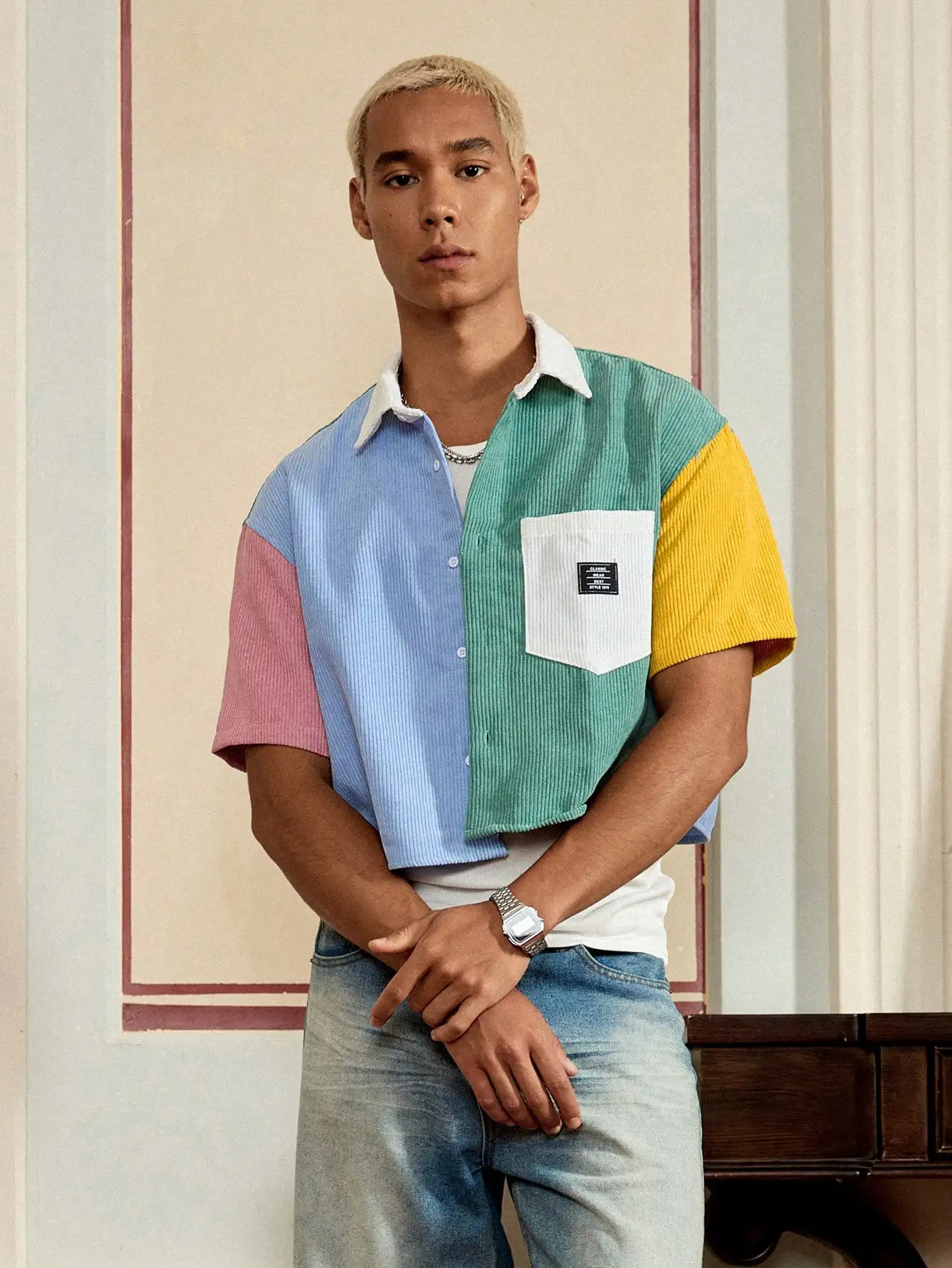 

Men's Colorblock Corduroy Cropped Casual Shirt with Pocket