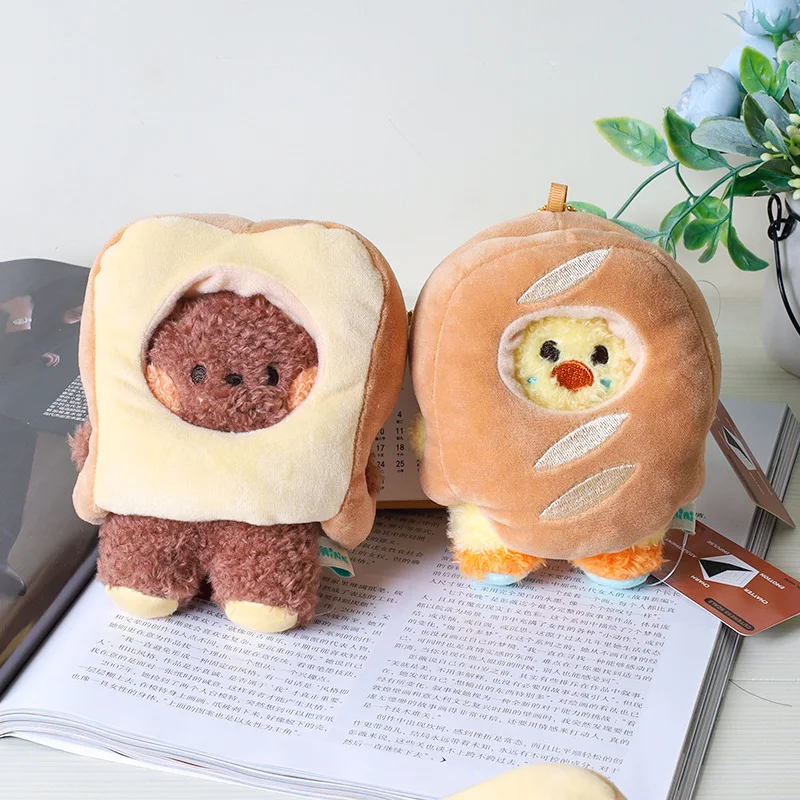 Cartoon Kawaii Bread Bear Plush Toy Keychain Pendant Creative Cute Little Yellow Chicken Frog Bread Head Set Bag Pendant