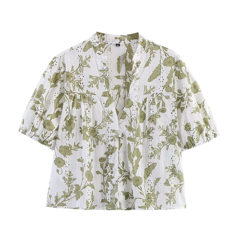

YENKYE Fashion Hollow Out Embroidery Printed Crop Shirt Women V Neck Short Sleeve Casual Blouse Summer Tops