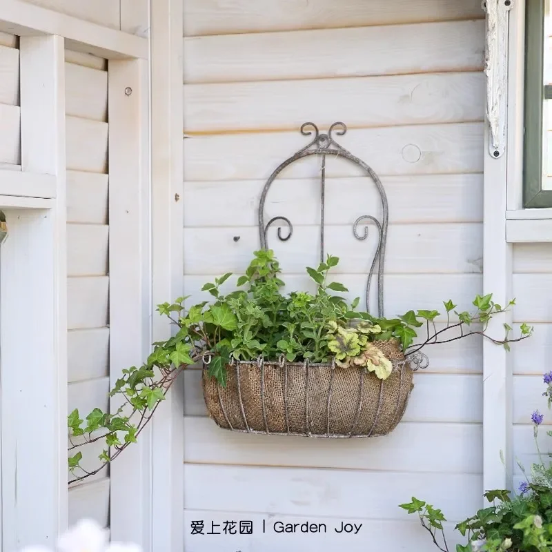 Vintage French Garden Wall Planter: Romantic Iron Scroll Half-Moon Basket in White & Green