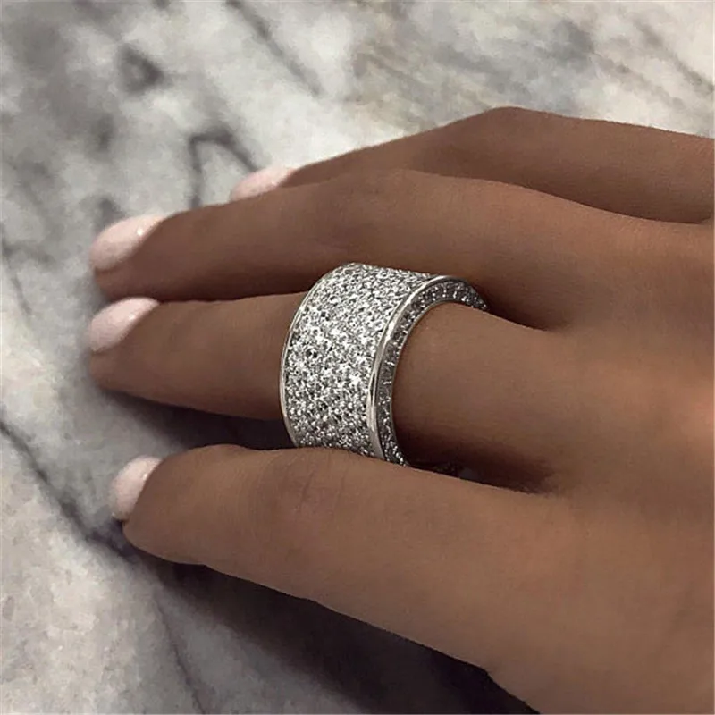 Huitan Luxury Wide Promise Rings for Women Pull Paved CZ Sparkling Wedding Bands Rings Silver Color/Gold Color Fashion Jewelry