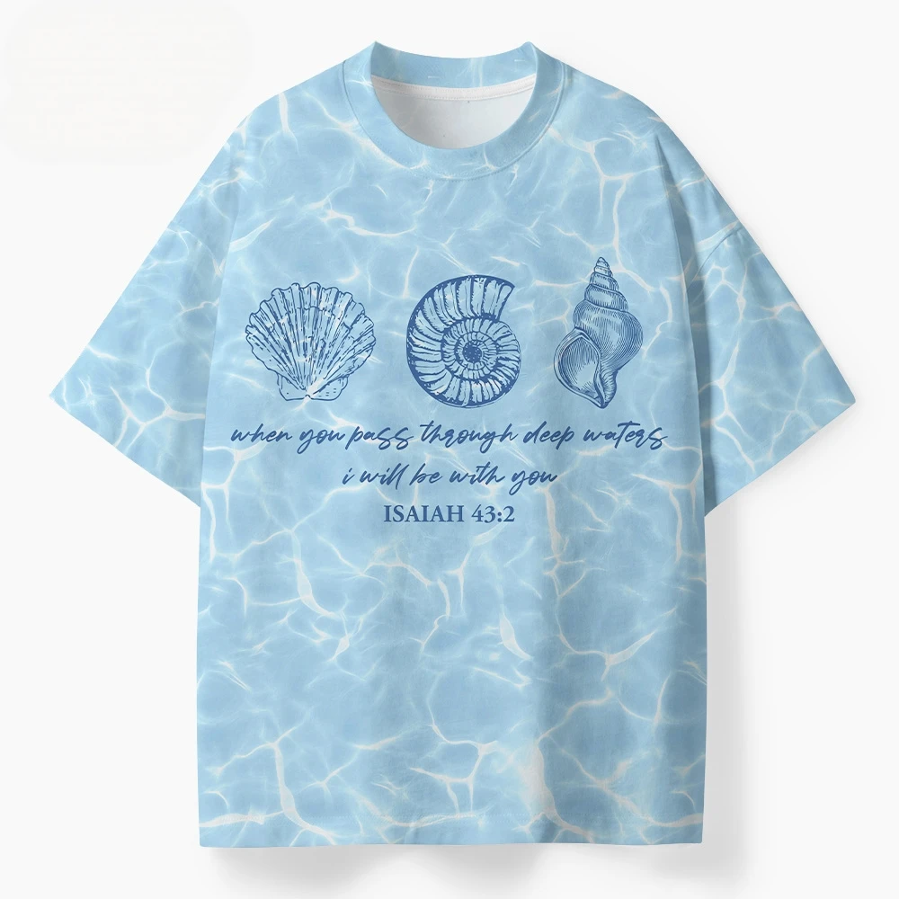 2026 Men Oversized Graphic T‑Shirt,Light Blue Water Ripple Seashell 3D Print Tee,Streetwear Top For Summer Vacation Street Wear