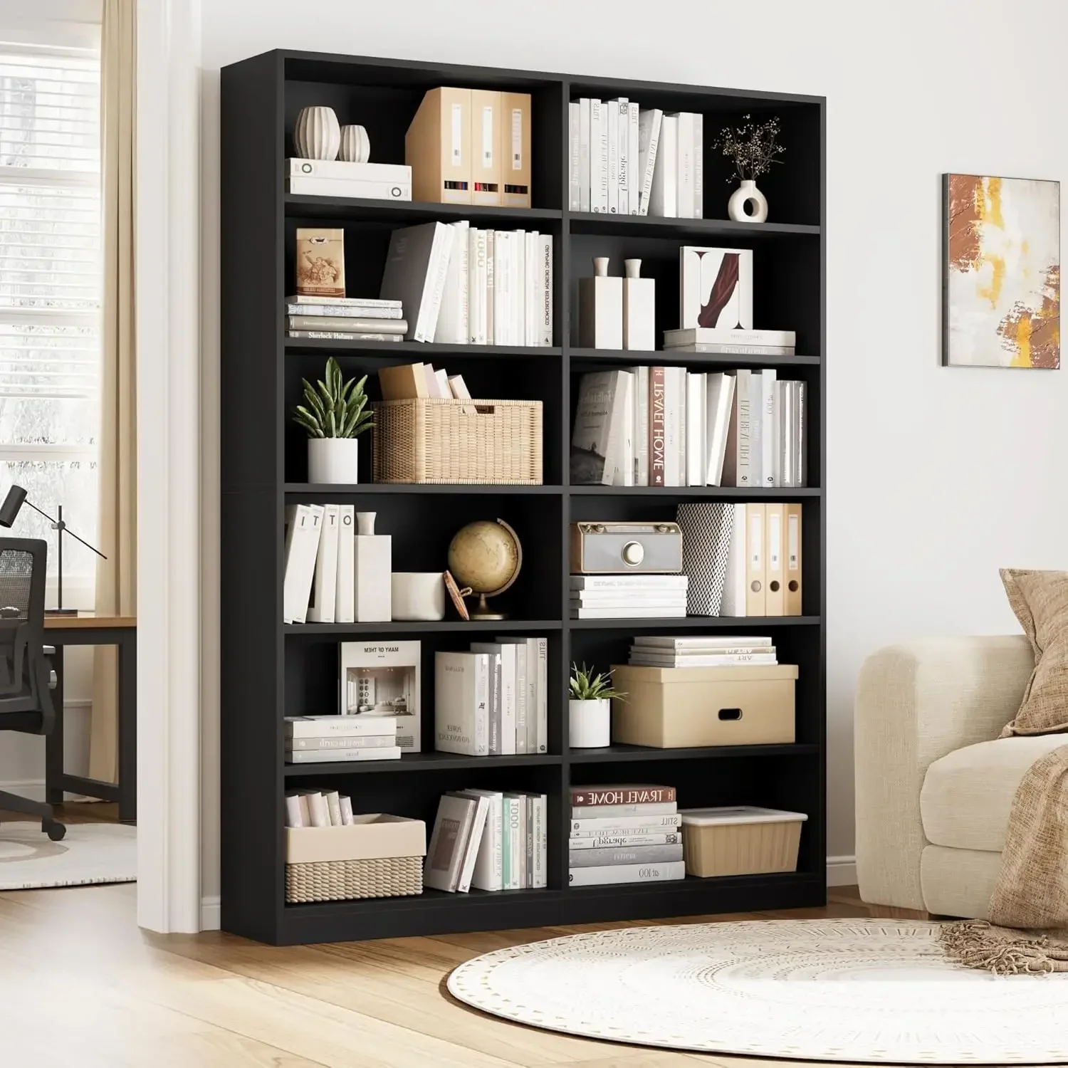 [Discounted Price, Hot Sale!]Bookshelf and Bookcase, 6-Tier Double Wide Bookshelves, Freestanding Display Storage Shelves, Tall