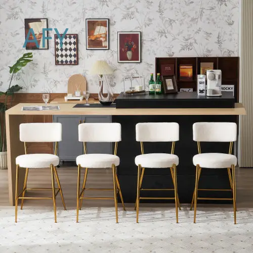 Set of 4 Modern Teddy Fabric Upholstered Bar Stools for Kitchen Dining Living Room Metal Base High Stool for Home Bar Counter