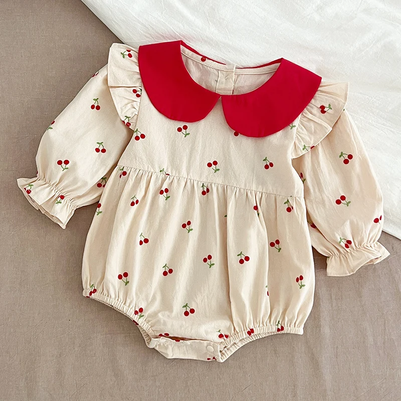 New Spring 0-24M Children Clothes Infant Baby Girls Jumpsuit Long Sleeved Cotton Cherry Print Romper Korean Style Climbing Suit