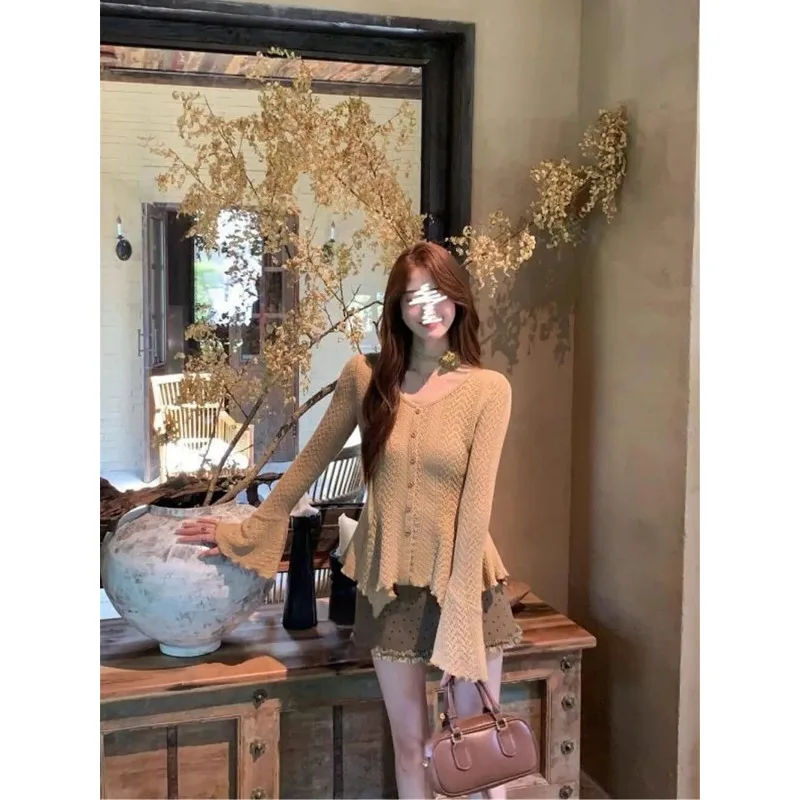 

Autumn New Maillard Pure Desire Hollow Long-sleeved Sweater Waist Slimming Polka-dot Skirt