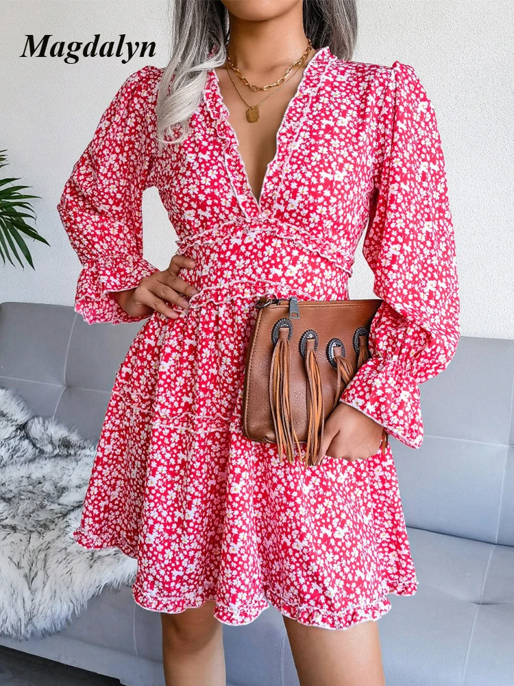 Magdalyn Bohemian Floral Print Dress Women Spring Long Puff Sleeve Elegant Chiffon A Line Vestidos Fashion Korean Ruffle Dresses