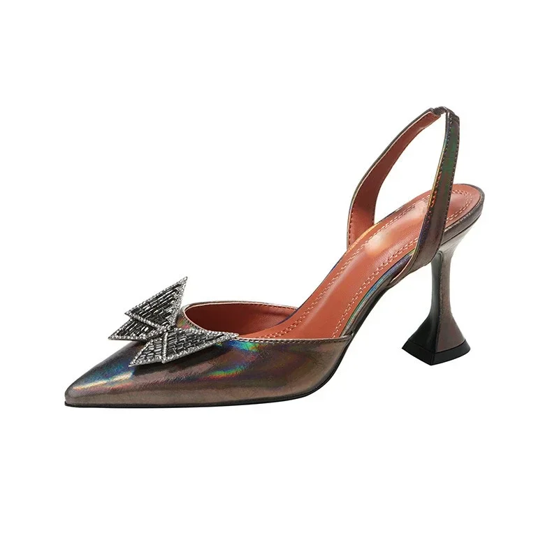 2024 New Women\'s Shoes Water Drill Hollow Shoes Butterfly Buckle Slippers Wine Glass Heel Pointed Sandals