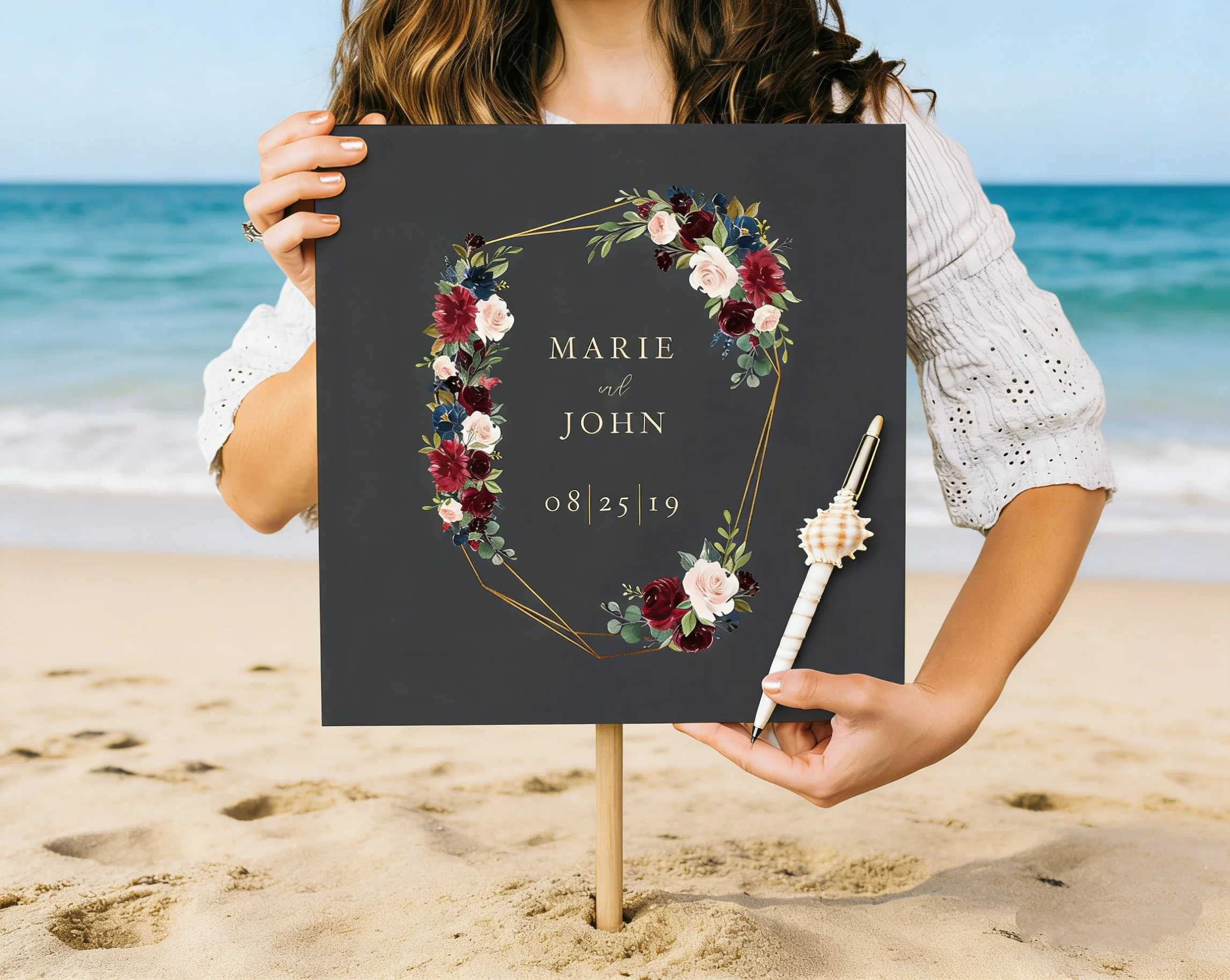 

Custom Geometric Frame Wedding Guest Book | Burgundy Floral Photo Guestbook | Personalized Bridal Shower Sign In Book