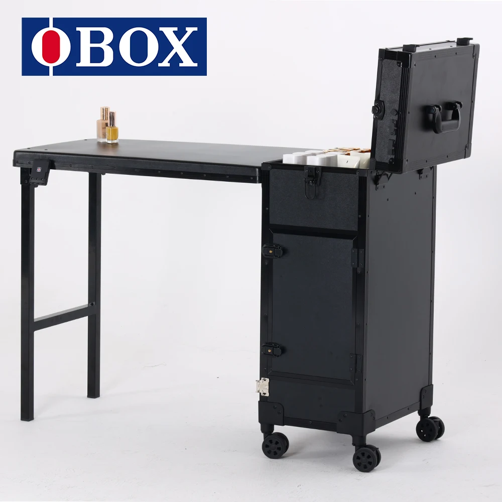 

OBOX Modern Foldable Trolley Nail Table Nail Desk Salon Furniture Set With Mirror Lights For Makeup Artist